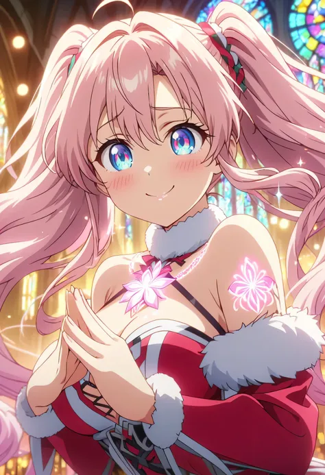 Masterpiece, highest quality, highly detailed CG Unity 8k wallpaper, anime screenshots, female anime character with neon chains. Art of a female anime character with a glowing neon flower tattoo and off-shoulder white fake fur trim red santa claus costume....