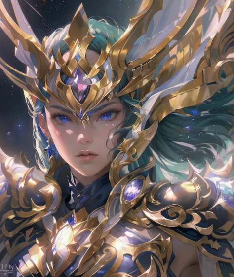 Ultra-high saturation，（tmasterpiece）， fully body photo，（best qualtiy）， （1girll）， starryskybackground，Wearing shiny gold armor， Sexy lingerie type armor，Expose your chest，Expose the waistline，Exposing thighs，cool-pose， Saint Seiya Armor， messy  hair，high de...