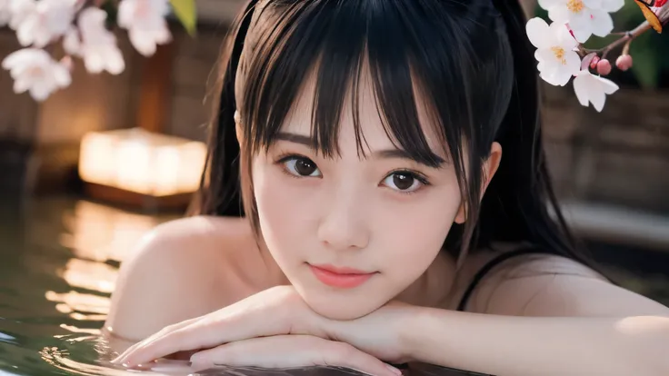 (Close-up profile shot of a naked slender small breasts two side up black medium hair with bangs girl:1.5)、(Naked girl is soaking in a milky color Japanese onsen outdoors with small smile:1.5)、(Outdoor Japanese onsen with milky white color and it has full ...