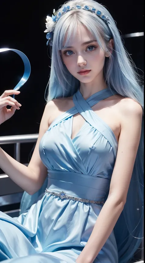 8K ultra hd, Masterpiece, beautiful cute girl, cute face, detailed eyes, medium breathe, blue dress, fantacy dress,dim light, cool background, attractive pose, whole body capture,