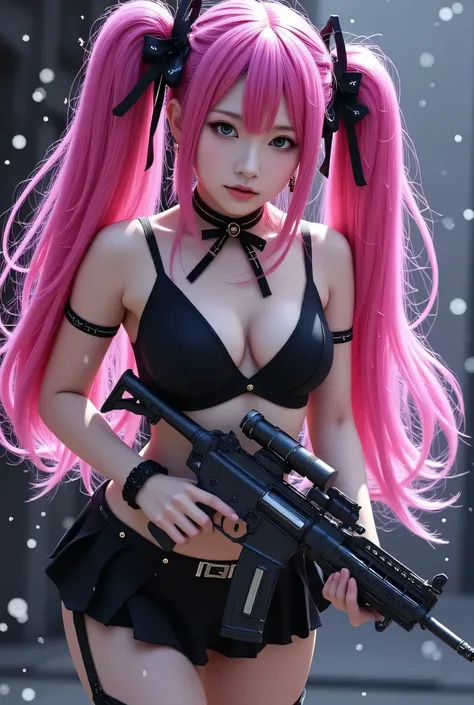 An ultra-detailed anime-style depiction of a high-mobility mecha musume with long, vibrant hot pink twin tails flowing dynamically. She wears a gothic lolita-inspired micro miniskirt outfit (1.2 emphasis) that contrasts beautifully with her futuristic mech...