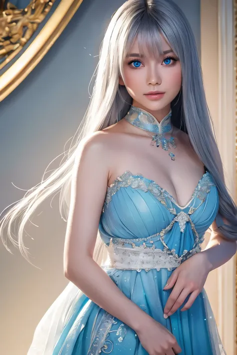 Create an ultra-realistic, lifelike image of a Japanese beauty character with long silver hair and large blue eyes. She is wearing a thin fabric white fantasy outfit adorned with delicate decorations that shimmer in the light. The character is posing elega...