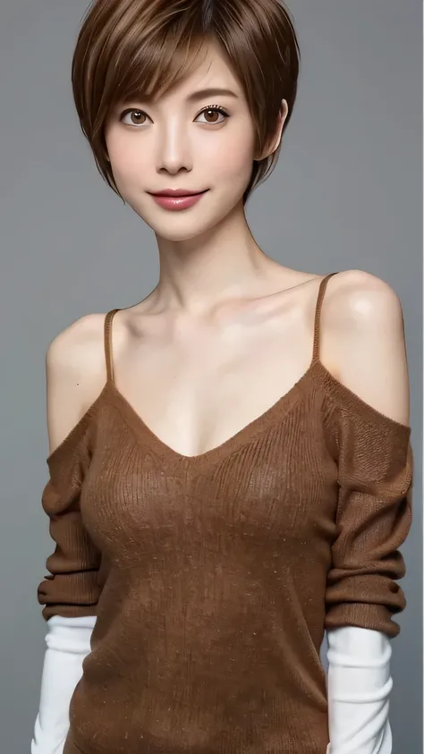 (8k、 photorealistic:1.3、 Original photo、 top quality :1.2)、( women with super skinny bodies:1.4)、Beautiful appearance、((Light brown hair 、 pixie cut 、Cecil Cut、 asymmetry、 disheveled super short hair:1.2))、 realistic brown eyes wrapping sheets around the b...