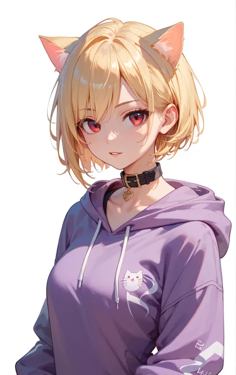 best quality、8k、 highres icon、 bust up、 One Girl 、Alone、Blonde, short hair, short hair 、 cat ears the same color as hair
BREAK
red eyes, red eyes
BREAK
Black collar , purple hoodie , hotpants, white background 