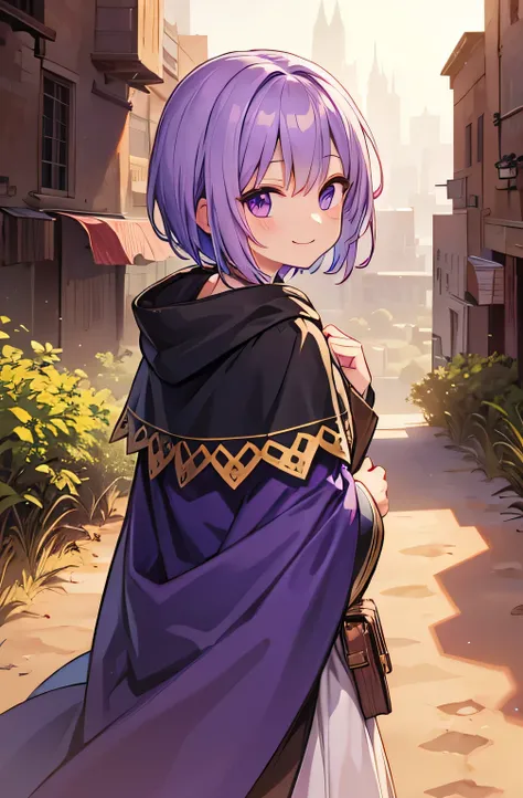  beautiful girl　Purple Hair　 short hair　 bright smile　traveler costume 　 Star Cloak 　 pose with hands turned back 　desert