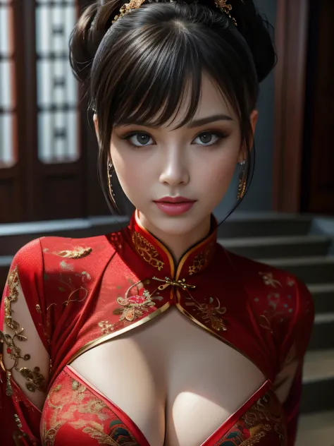 8K-quality, UHD, (HDR), RAW-photo, (Realistic:1.3), Subject is in the center of the frame, (Looking at the viewer:1.3), Absolute masterpiece,
Elaborate cheongsam that is depicted in ultra detail, From head to thighs, Indoors, BDSM-room, Stairs, Part of the...