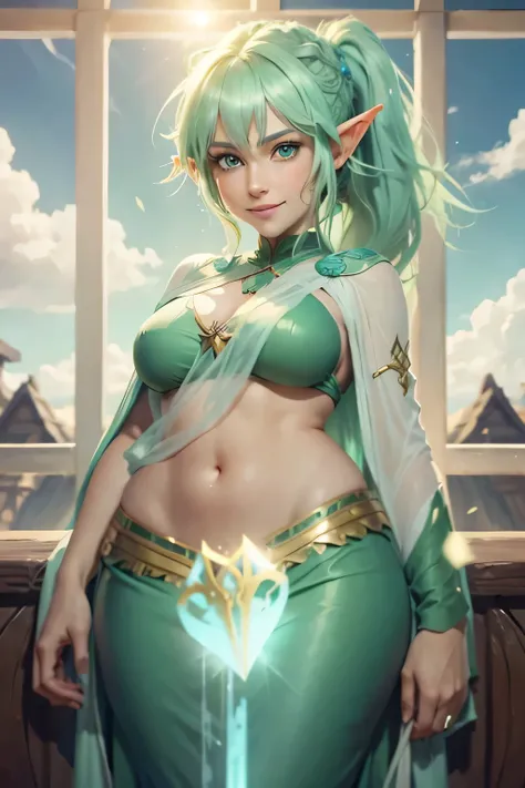  Noble Elf Woman  ( messy hair with green ponytail),  sky blue eyes,  Smiling expression , luminous magic ,  sunny background in an elvish kingdom ,  Historical precision ,  well detailed .