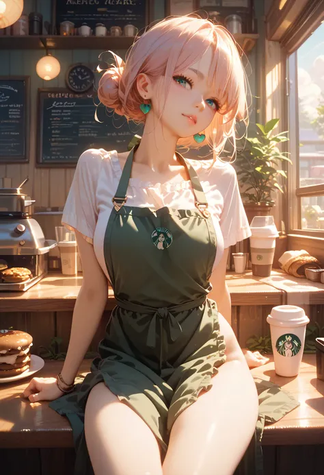 Perfect face, perfect anatomy, best quality, young woman 26 years old, pleasant and friendly, sitting at a booth in a coffee shop, bottomless under her apron, 