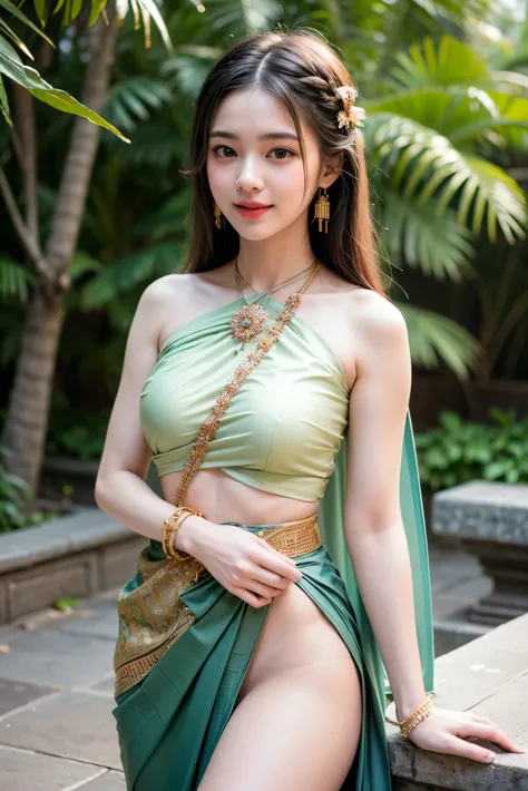 8K, ultra high detailed, an thai girl, cute face, happy, long hair, impressive hairstyle, detailed eyes, detailed lips, indian clothes, saree, green saree, lace, wearing jewellery, nature background, flowers, afternoon, shadow, clear weather, whole body ca...