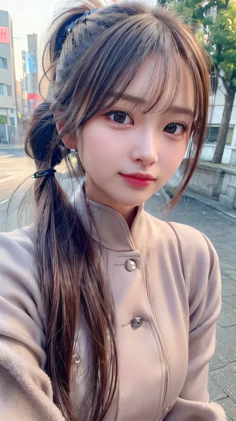 Hair style: ponytail,Winter Clothing,Long Coat,outdoors,Body in front,Close-up of face,Ultra-detailed, finely detail, hight resolution, 8K Wallpaper, Perfect dynamic composition, Beautiful detailed eyes,,Close-up of face,,Blushing,Facing forward,Long hair ...