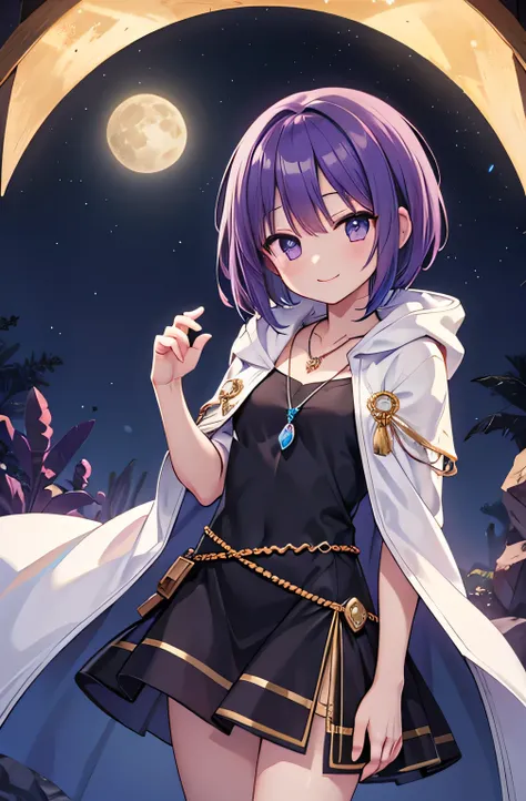  beautiful girl　Purple Hair　 short hair　 bright smile　traveler costume 　 white cloak　watch pendant　desert　Moonlit Night