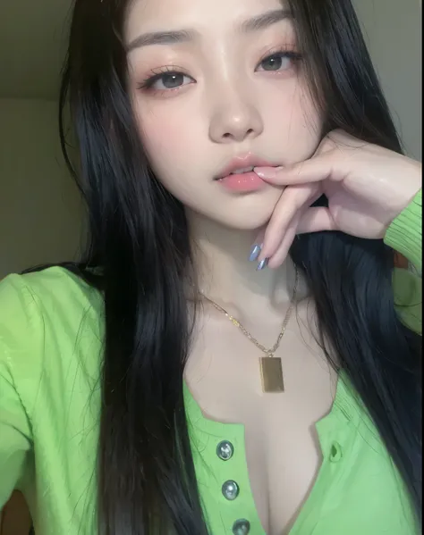 Asian woman devastated with long black hair and green shirt, Asian, Jennie Blackpink, 18 years old , beautiful Asian, young Asian, Korean, Asian women, an Asian woman, 1 s, young cute wan asian face, a young Asian, Asian characteristics, asian face, l...