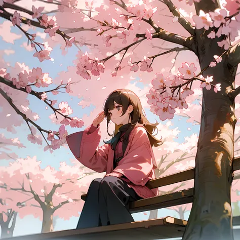 A girl sitting on a bench near a tree of cherry blossom. The wind suddenly blows and girls hairs started waving and chery blossom started spreading inside the park.