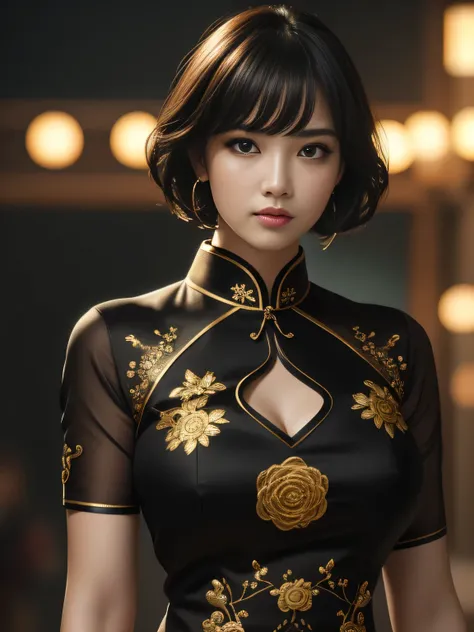 8K-quality, UHD, (HDR), RAW-photo, (Realistic:1.3), Subject is in the center of the frame, (Looking at the viewer:1.3), Absolute masterpiece,
(Short black cheongsam with gold embroidery), Outdoors,
(Huge breasts:1.1), Make-up, Lip-make up, Glossy skin, Ban...