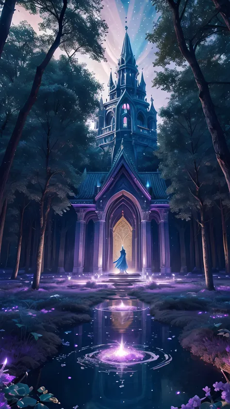 **Prompt:**  

Create a breathtaking scene of a mythical palace surrounded by an enchanted forest of sorcerers. The palace should be grand and otherworldly, with shimmering crystal towers, glowing runes etched into its walls, and an ethereal golden aura. T...