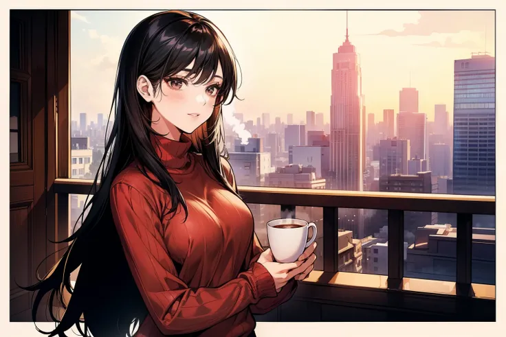 A young woman with long, black straight hair cascading over her shoulders, and black eyes that radiate kindness. She is wearing a cozy red sweater, slightly oversized, with the sleeves gently rolled up. The sweater hugs her figure in a casual yet elegant w...