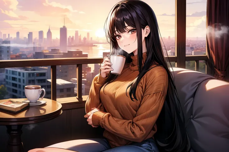 A young woman with long, black straight hair cascading over her shoulders, and black eyes that radiate kindness. She is wearing a cozy red sweater, slightly oversized, with the sleeves gently rolled up. The sweater hugs her figure in a casual yet elegant w...