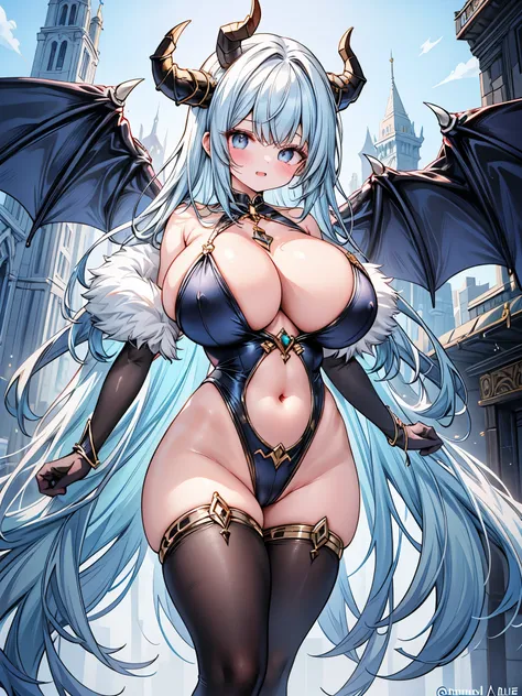  girl.blue skin.Gold decoration.puffy nipple.huge boobs..Thick legs.huge areola.devil.Blue Skin.horn.Demon King.  .Baby Face.city,standing,