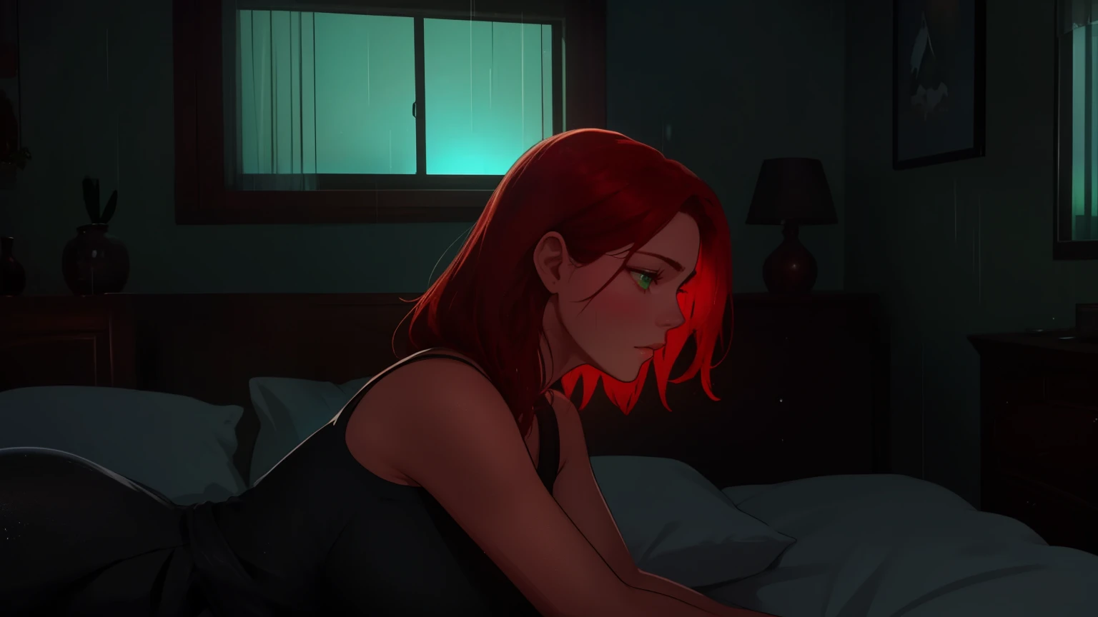 "A cozy and cinematic bedroom with a dark, rainy atmosphere. The room is illuminated by moody neon lights in shades of deep purple and soft green, casting a mysterious and calming glow on the walls. A woman with short auburn red hair is lying on the bed, h...