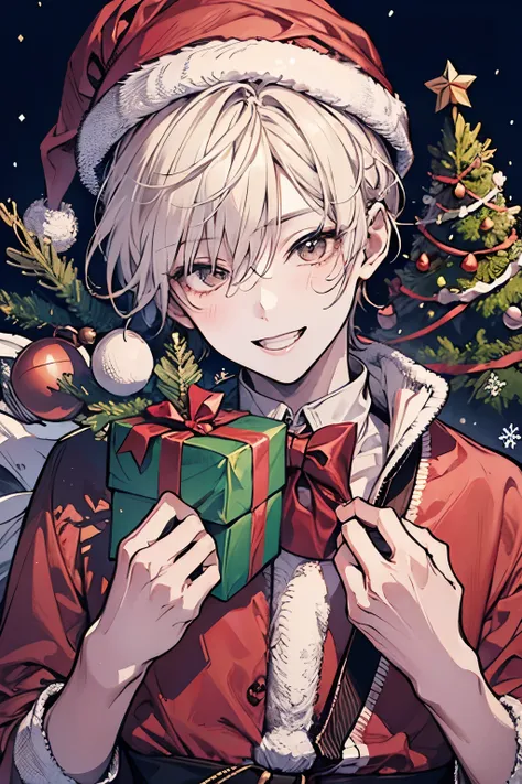 (1-boy:1.0), Christmas, big smile, red cheeks , Christmas カラー, surrounded by tons of presents,Full of happiness,Wrapped on the body ,(NSFW:0.45)