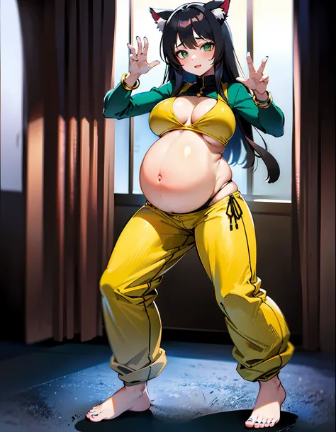 (best quality, ultra-high resolution, depth of field:1.2), (full body shot:1.2), (perfect body:1.2), (oppai:1.2), (pregnant:1.2), beautiful face, (28 years old), (cat woman), radiant eyes, (green eyes:1.2), (black hair:1.2), animal ears, (fluffy cat ears),...