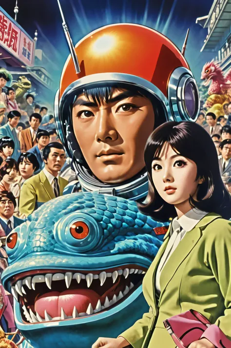 Manga characters, 1970s comic art , 1970s Japanese TV show monster, detailed Digital Paint, bright color, dynamic composition , Dramatic lighting, vintage aesthetics , ( top quality,4K,8k, high definition ,masterpiece:1...