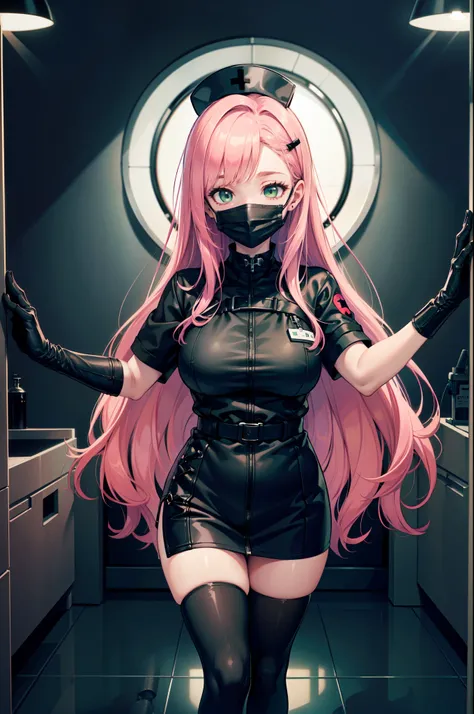 black nurse, 1woman, solo, black nurse cap, black nurse uniform, ((black legwear, zettai ryouiki)), black elbow gloves, pink hair, green eyes, drooping eyes, ((black surgical mask, covered nose)), standing, ((surgery room, dark room)), sharp outline, short...