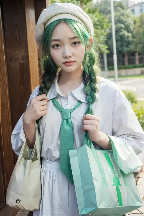 1girl, (bags under eyes:1.5), mint green hair, twin_braid, white beret, white shirt, flower necktie