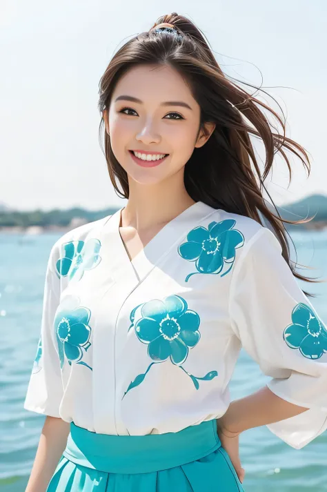 (SeaArt is  、   of a beautiful woman wearing clothes)、 The background is Japan、The color of the outfit is white.  、  Create an amazing photorealistic   、   beautiful woman smiling and showing white teeth like a brightly colored Japanese photograph   、   lo...