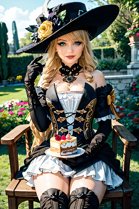 1 girl, Návia (Impacto Genshin), Alone, fancy hat, thigh boots, highlighted sleeves , single glove, strapless dress, collarinho destacado, saia showgirl, collar, waist layer, smile, shot of cowboy , sitting, garden, outdoor, depth of field , Mesa, c...