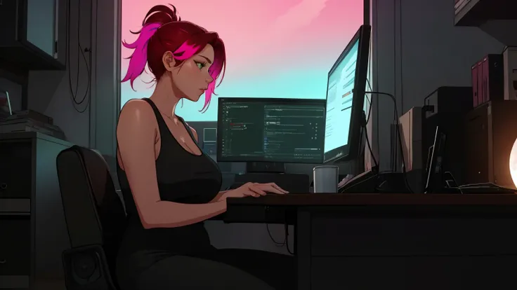 "A woman with a well-endowed figure, sitting in front of a computer, deeply focused on coding. The room is illuminated by the soft glow of the computer screen, creating a tranquil atmosphere. Its nighttime, and through the open window, a bright full moon s...