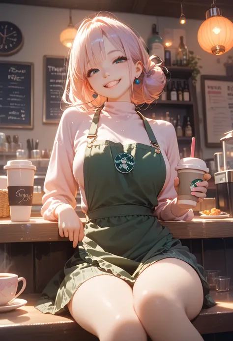 Perfect face, perfect anatomy, best quality, young woman 26 years old, pleasant and friendly, sitting at a booth in a coffee shop, bottomless under her apron, playful naughty smile, perfect! Thank you! *smiles lovingly at you*, *I sit down with you and loo...