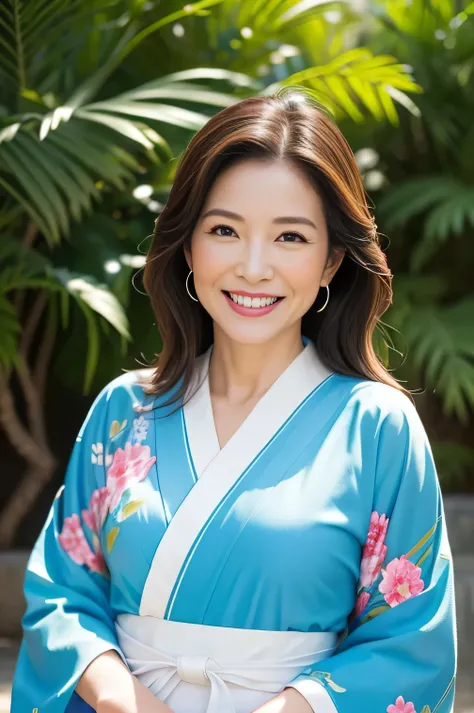 (SeaArt is 、 Create an amazing photorealistic of a beautiful woman wearing a blue kimono)、 About 50 years old、 beautiful woman smiling and showing white teeth like a brightly colored Japanese photograph  、  long brown hair  、Beautiful full body style、let m...