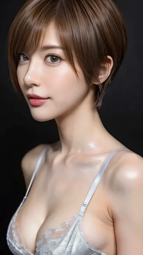 (8k、 photorealistic:1.3、 Original photo、 top quality :1.2)、( women with super skinny bodies:1.4)、Beautiful appearance、((Light brown hair 、 pixie cut 、Cecil Cut、 asymmetry、 tousled hair:1.2、 super short hair :1.2))、 detailed eyes、 Beautiful details 、(Beauti...