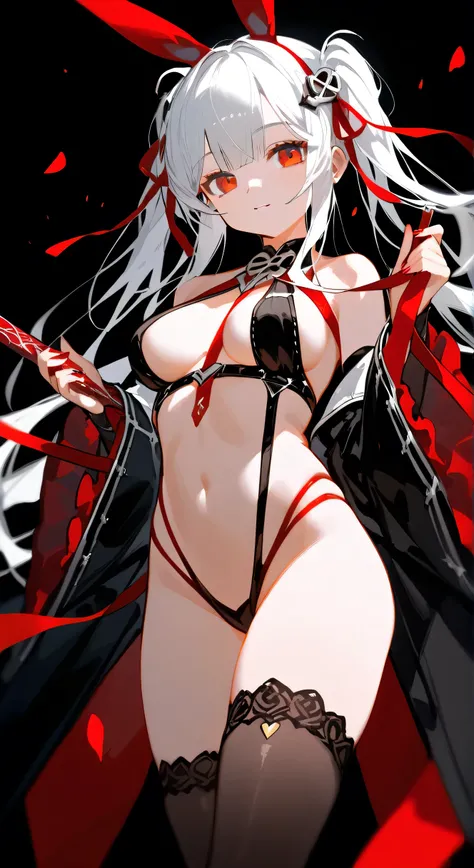 a beautiful white-haired anime girl in black thigh-high socks, holding a red ribbon, digital art by Shitao, pixiv, dark art, wearing revealing outfit, cute anime style, alluring anime girl, Miyako-san, cartoon rendering, Azur Lane style