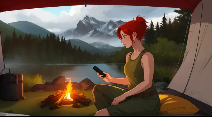 "A picturesque camping scene on a misty mountain during the rainy season, capturing a cozy and adventurous atmosphere. A young woman with blonde-red hair tied in a sleek ponytail is sitting near a modern campfire with a warm, glowing flame, surrounded by h...