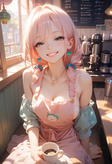 Perfect face, perfect anatomy, best quality, young woman 26 years old, pleasant and friendly, sitting at a booth in a coffee shop, bottomless under her apron, playful naughty smile, perfect! Thank you! *smiles lovingly at you*, *I sit down with you and loo...