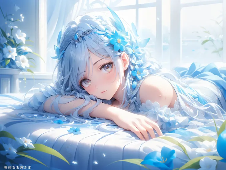 masterpiece:1.2, 8K, ( Best Quality , super detailed, Ultra Realistic :1.37),1 Girl, Soft Light, A lovely girl lying on a bed covered with flowers,Soft and delicate petals,Fragrant flowers,A large number of gorgeous flowers,Freshly picked flowers scattered...