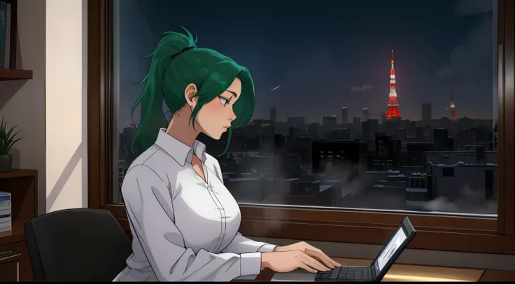 "A woman with green hair tied in a ponytail sits at a desk by a large window, typing on a laptop. She is wearing a loose white shirt, and the room is warmly lit, creating a cozy yet focused atmosphere. Outside the window, a breathtaking winter cityscape is...