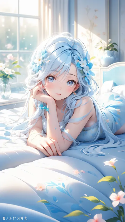 masterpiece:1.2, 8K, ( Best Quality , super detailed, Ultra Realistic :1.37),1 Girl, Soft Light, A lovely girl lying on a bed covered with flowers,Soft and delicate petals,Fragrant flowers,A large number of gorgeous flowers,Freshly picked flowers scattered...