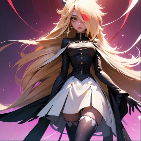 ((show one tit))(masterpiece, best quality:1.4), absurdres, highres, ultra detailed, beautiful, (perfect face, detailed face, beautiful:1.3),(breasts exposed), no gloves) black pencil skirt, tight, over the knee skirt, thighhighs, thick thighs, thighs,Gart...