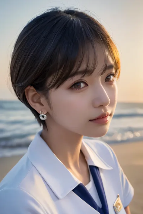  top quality 、 super A high resolution、( photorealistic:1.4)、 1 girl、Earrings、(  skin texture of faded ash gray hair:1)、( Busty :1.2)、 looking at camera、 close-up、At the beach,  Magic Hour,  short hair、   Fashion Model Pose ,  Japanese Girl, ( school unifo...