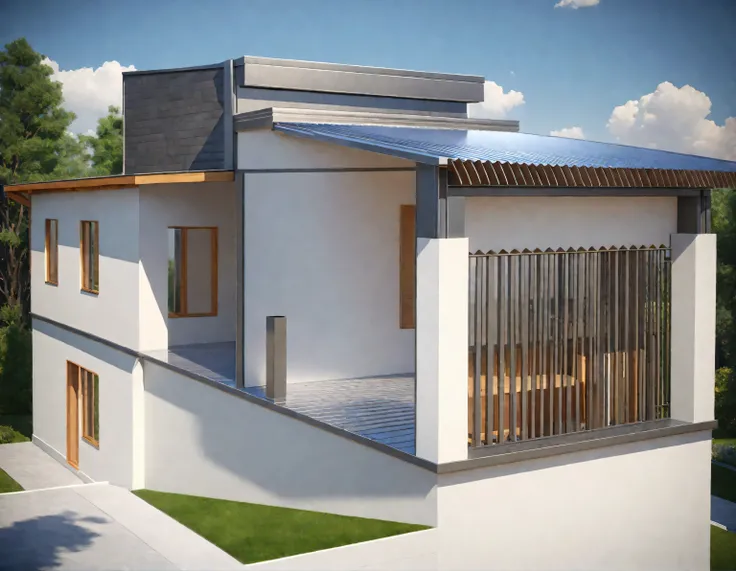 a rendering of a house with a metal roof and a balcony, sketch - up, perspective view, 3/4 view realistic, architectural concept, complete house, rendered 3d model, 3 d perspective, front-view, 3d rendering, 3 d rendering, rounded roof, isometric view!!!!,...