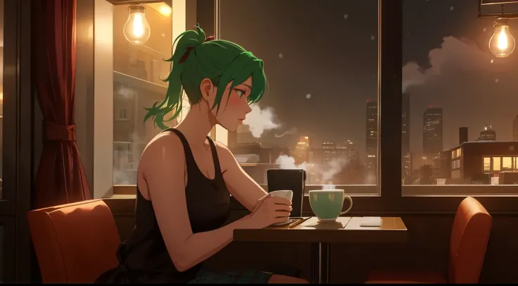 "A woman with green hair tied in a ponytail sits at a table in a cozy café, typing on a laptop. She is wearing a pink tank top, and the warm ambient lighting of the café creates a relaxing yet focused atmosphere. Behind her, the café interior features larg...