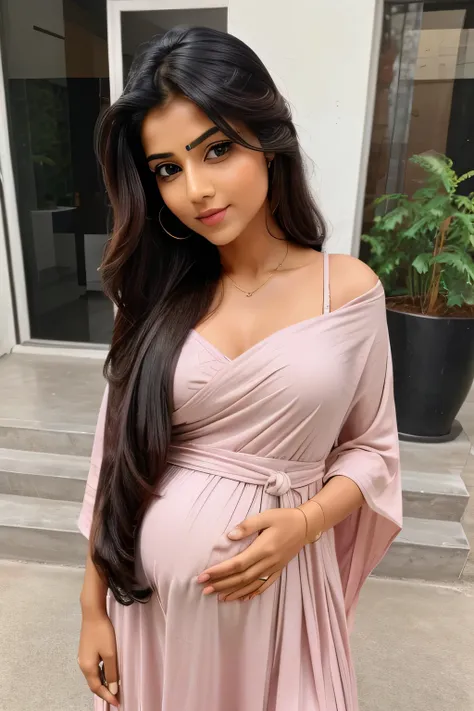 cute little beautiful cute face indian pregant girl with stylish modern hair style with stylish modern color full glass type fancy dress with full size hot straight  full pic