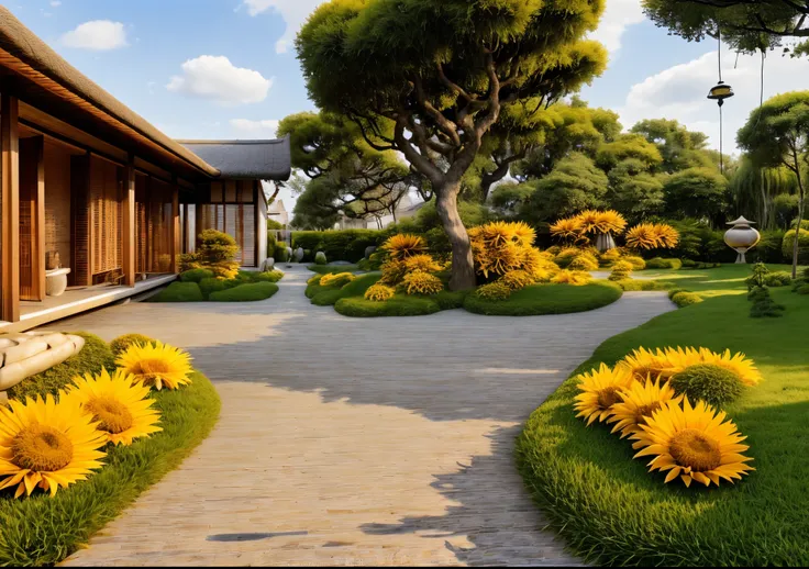 ((best quality)) ((super realistic)) photos of many thatched houses, chrysanthemum pots on the grass, woven road, sunflowers on both sides of the road, morning sky, yellow apricot trees, hanging red lanterns