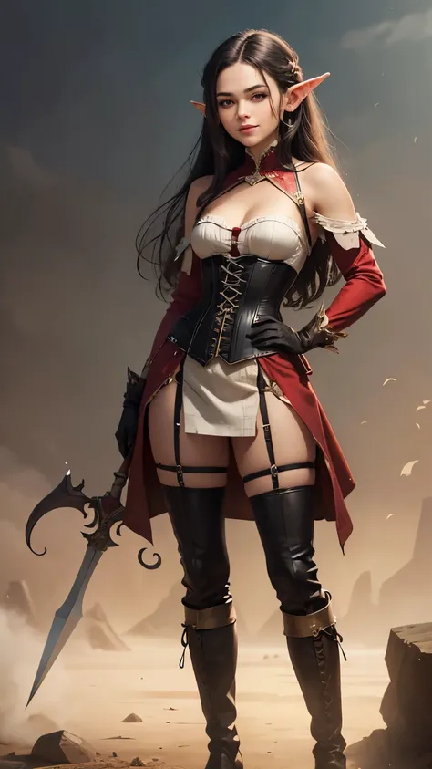  girl , one,  long hair,  dark hair ,  Shoulder-length hair, slim, smirk, злая smirk, rapier in hand,  full height, a corset,  long boots , пояс вокруг a corsetа,  brown gloves on the arms,  brown eye , character,  masterpiece fails, Pointed ears, Half-elf...