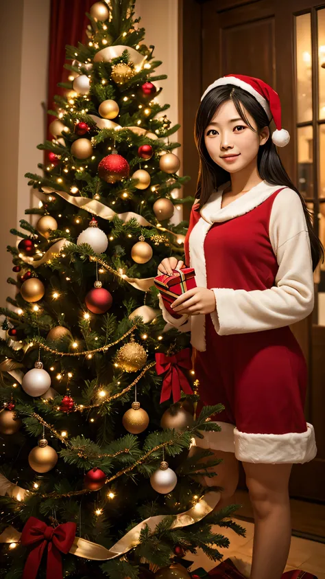 asian young girl, Christmas tree, Christmas theme