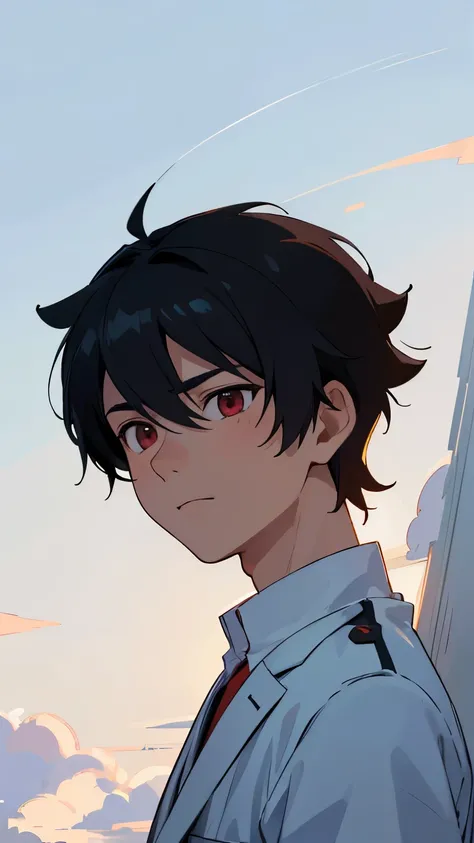 A high-quality, emotional anime-style close-up inspired by Makoto Shinkai, depicting an 18-year-old energetic and confident boy named Naoki Takajo, gazing up at the sky with a serene and thoughtful expression. His clean and sharp mens handsome short hairst...