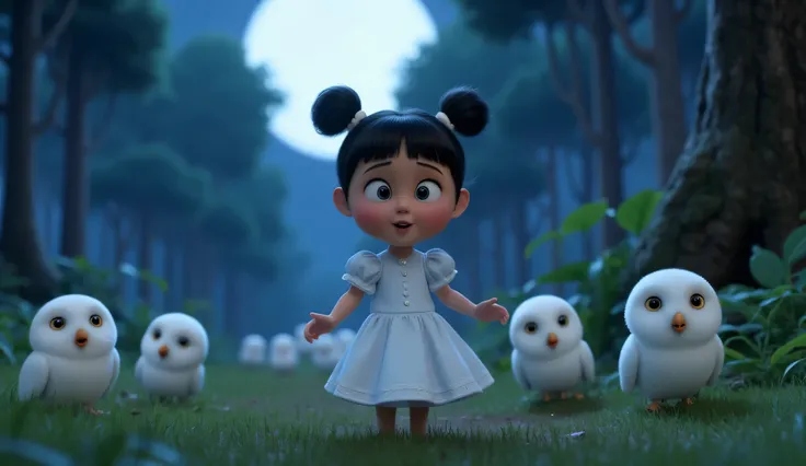 The style is 3D Pixar animation with a Vibrant color palette, in 3 D animation image of a cute and adorable with her hair into two buns on top and bangs, wearing a white princess dress, walking in the middle of the forest, some white owls following her, th...